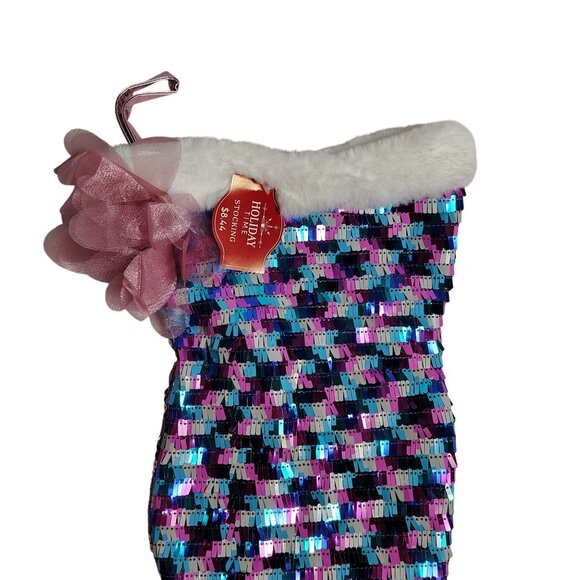 Holiday Time Double Sided Mermaid Tail 21 inch Stocking With Bowknot - Picture 4 of 5